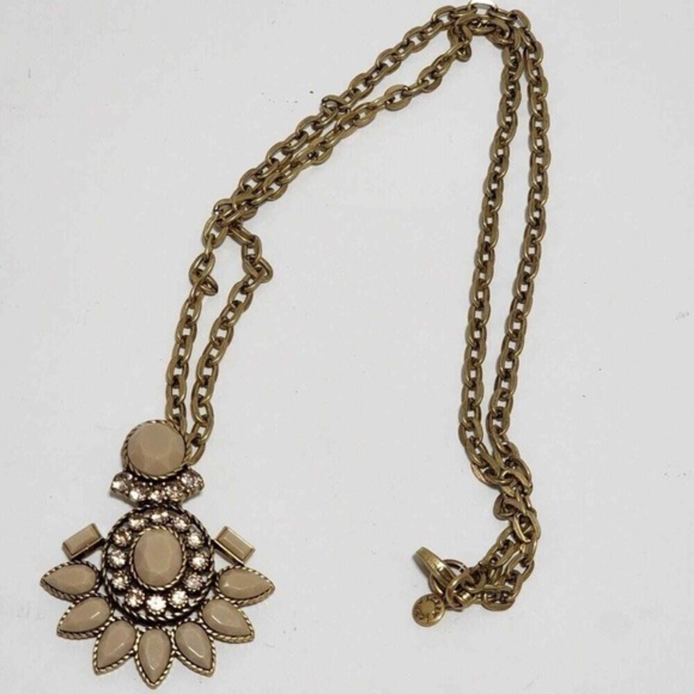 J. Crew Antiqued Gold Statement Pendant Necklace Cream Cabochon Rhinestone Long